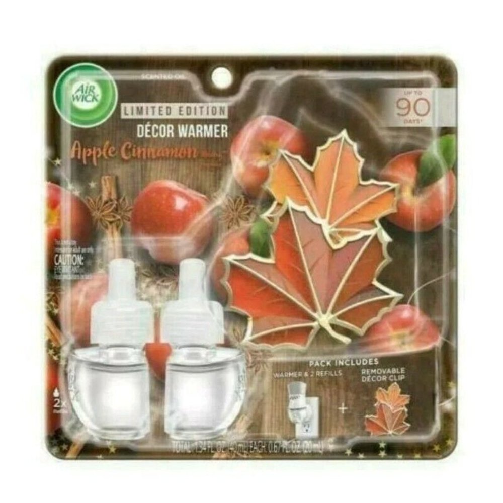 Air Wick Scented Oil Plug-In Apple Cinnamon Decor Warmer + 2 Refills Fall Leaves